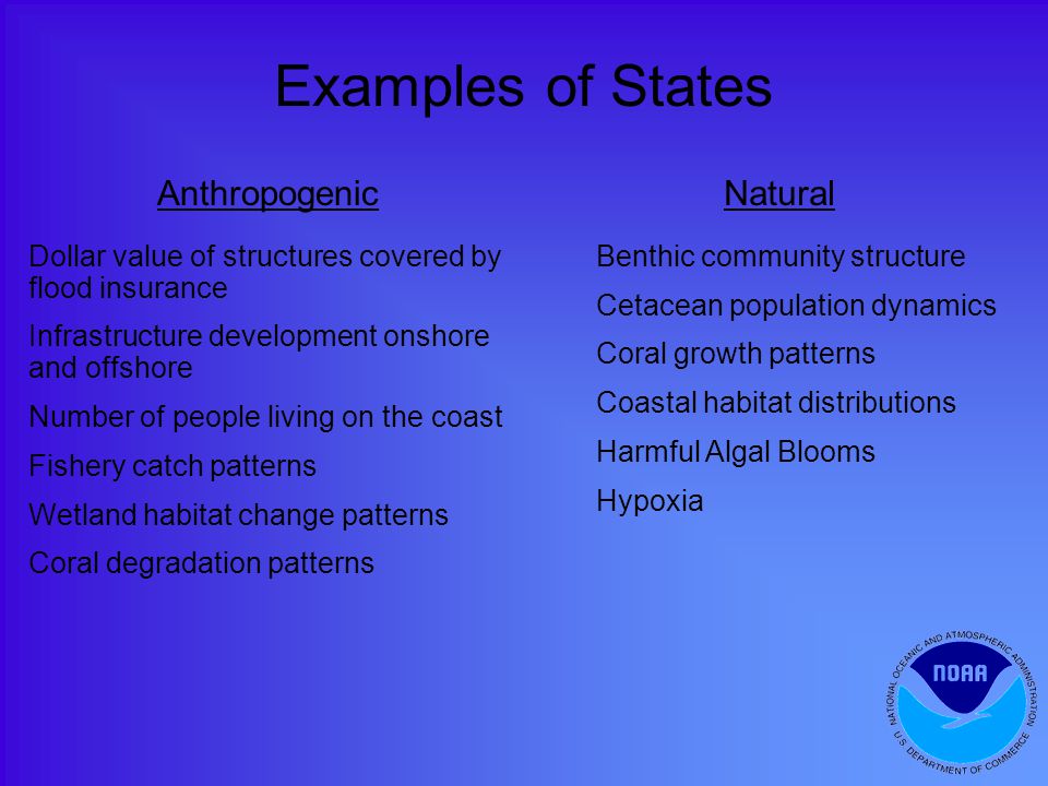 Examples of States Dollar value of structures covered by flood insurance Infrastructure development onshore and offshore Number of people living on the coast Fishery catch patterns Wetland habitat change patterns Coral degradation patterns AnthropogenicNatural Benthic community structure Cetacean population dynamics Coral growth patterns Coastal habitat distributions Harmful Algal Blooms Hypoxia