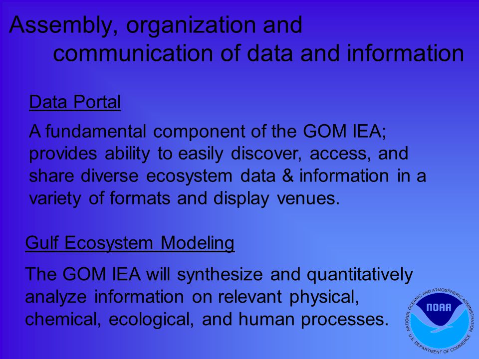 Assembly, organization and communication of data and information Data Portal A fundamental component of the GOM IEA; provides ability to easily discover, access, and share diverse ecosystem data & information in a variety of formats and display venues.