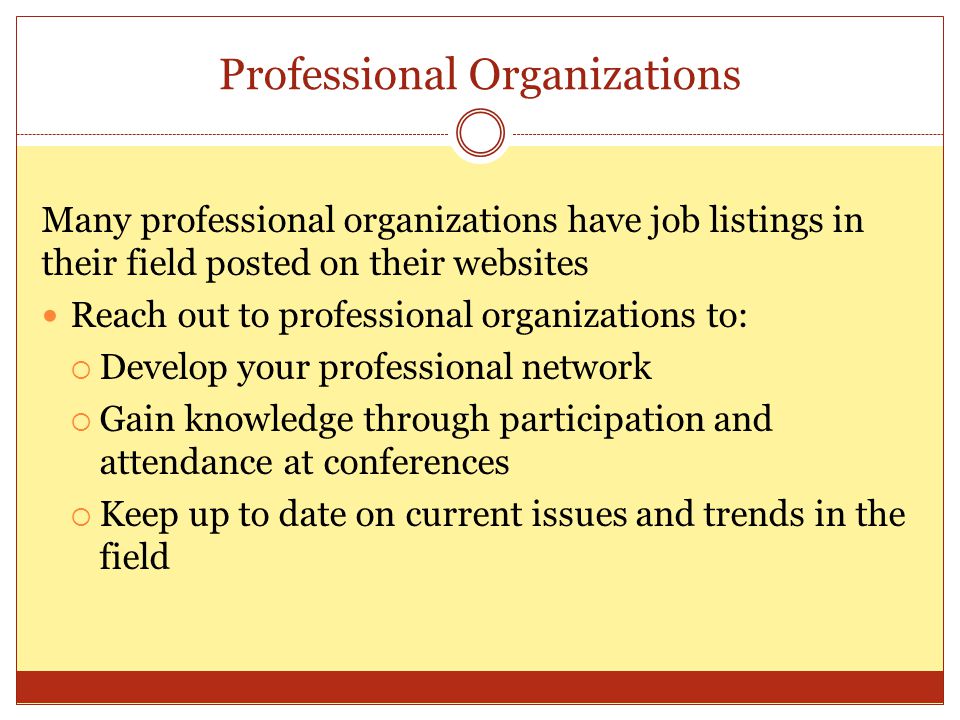 Professional Organizations Many professional organizations have job listings in their field posted on their websites Reach out to professional organizations to:  Develop your professional network  Gain knowledge through participation and attendance at conferences  Keep up to date on current issues and trends in the field