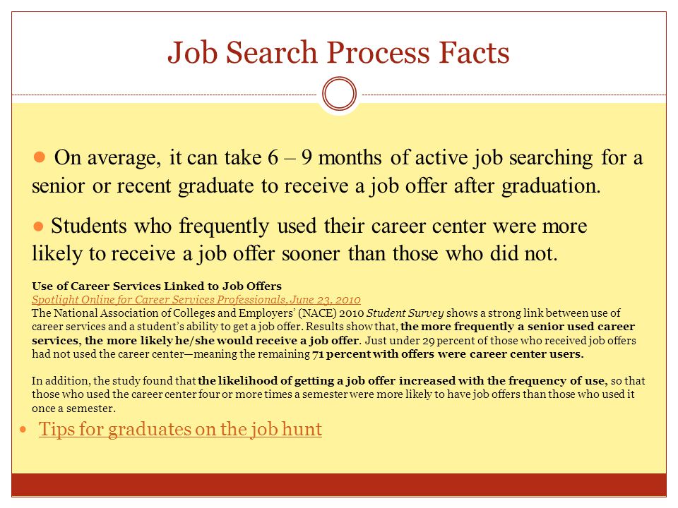 Job Search Process Facts ● On average, it can take 6 – 9 months of active job searching for a senior or recent graduate to receive a job offer after graduation.