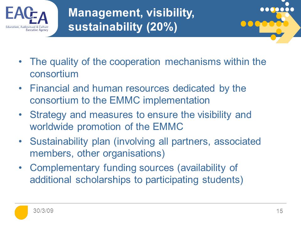Management, visibility, sustainability (20%) The quality of the cooperation mechanisms within the consortium Financial and human resources dedicated by the consortium to the EMMC implementation Strategy and measures to ensure the visibility and worldwide promotion of the EMMC Sustainability plan (involving all partners, associated members, other organisations) Complementary funding sources (availability of additional scholarships to participating students) 15 30/3/09