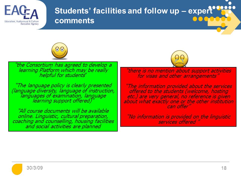 Students’ facilities and follow up – expert comments there is no mention about support activities for visas and other arrangements The information provided about the services offered to the students (welcome, hosting etc.) are very general, no reference is given about what exactly one or the other institution can offer No information is provided on the linguistic services offered the Consortium has agreed to develop a learning Platform which may be really helpful for students The language policy is clearly presented (language diversity, language of instruction, languages of examination, language learning support offered) All course documents will be available online.