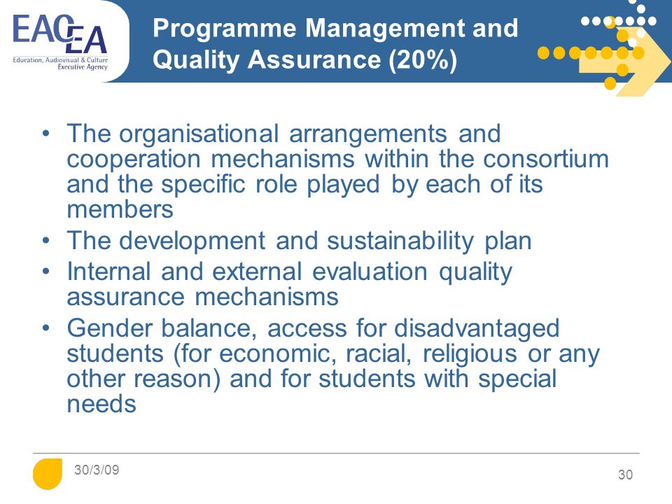 Programme Management and Quality Assurance (20%) The organisational arrangements and cooperation mechanisms within the consortium and the specific role played by each of its members The development and sustainability plan Internal and external evaluation quality assurance mechanisms Gender balance, access for disadvantaged students (for economic, racial, religious or any other reason) and for students with special needs 30 30/3/09