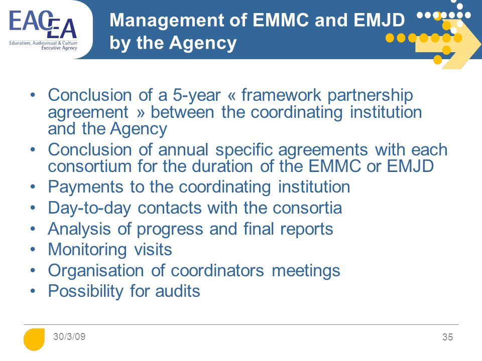 35 Management of EMMC and EMJD by the Agency Conclusion of a 5-year « framework partnership agreement » between the coordinating institution and the Agency Conclusion of annual specific agreements with each consortium for the duration of the EMMC or EMJD Payments to the coordinating institution Day-to-day contacts with the consortia Analysis of progress and final reports Monitoring visits Organisation of coordinators meetings Possibility for audits 30/3/09