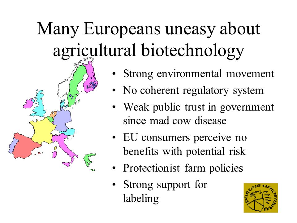 Many Europeans uneasy about agricultural biotechnology Strong environmental movement No coherent regulatory system Weak public trust in government since mad cow disease EU consumers perceive no benefits with potential risk Protectionist farm policies Strong support for labeling