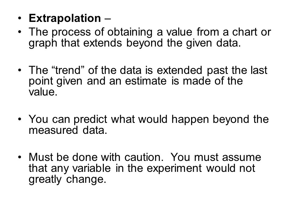 Extrapolation – The process of obtaining a value from a chart or graph that extends beyond the given data.