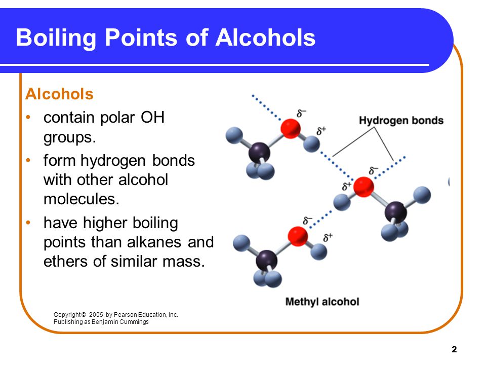 2 Boiling Points of Alcohols Alcohols contain polar OH groups.
