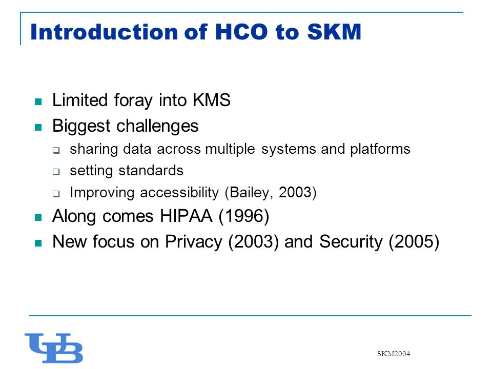 SKM2004 Introduction of HCO to SKM Limited foray into KMS Biggest challenges  sharing data across multiple systems and platforms  setting standards  Improving accessibility (Bailey, 2003) Along comes HIPAA (1996) New focus on Privacy (2003) and Security (2005)