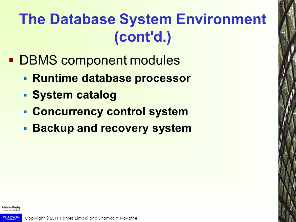 Copyright © 2011 Ramez Elmasri and Shamkant Navathe The Database System Environment (cont d.)  DBMS component modules  Runtime database processor  System catalog  Concurrency control system  Backup and recovery system