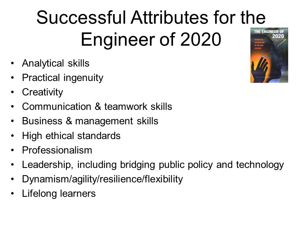 Successful Attributes for the Engineer of 2020 Analytical skills Practical ingenuity Creativity Communication & teamwork skills Business & management skills High ethical standards Professionalism Leadership, including bridging public policy and technology Dynamism/agility/resilience/flexibility Lifelong learners