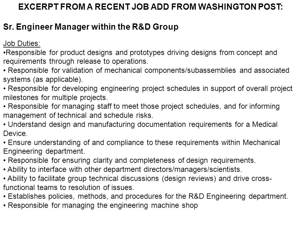 EXCERPT FROM A RECENT JOB ADD FROM WASHINGTON POST: Sr.