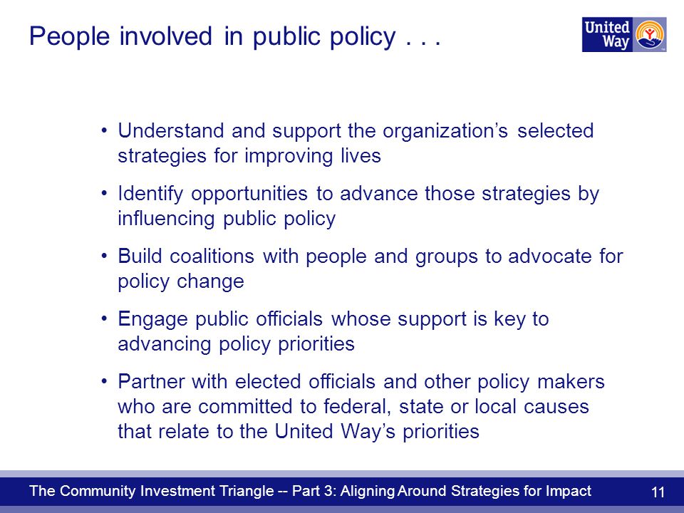 The Community Investment Triangle -- Part 3: Aligning Around Strategies for Impact 11 Understand and support the organization’s selected strategies for improving lives Identify opportunities to advance those strategies by influencing public policy Build coalitions with people and groups to advocate for policy change Engage public officials whose support is key to advancing policy priorities Partner with elected officials and other policy makers who are committed to federal, state or local causes that relate to the United Way’s priorities People involved in public policy...