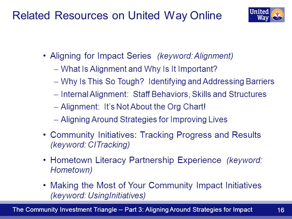 The Community Investment Triangle -- Part 3: Aligning Around Strategies for Impact 16 Related Resources on United Way Online Aligning for Impact Series (keyword: Alignment) –What Is Alignment and Why Is It Important.