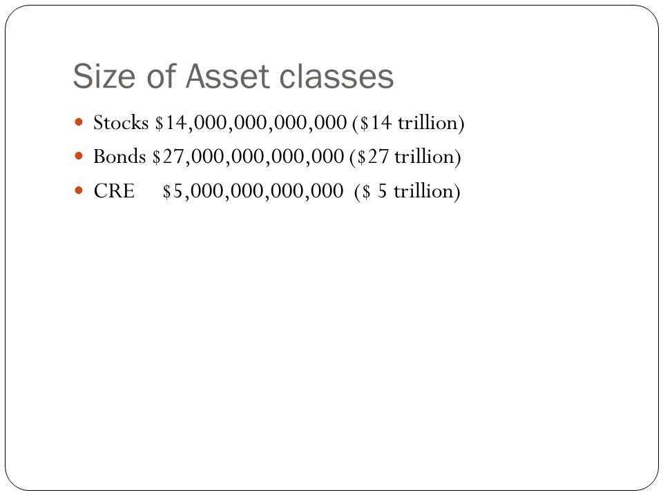 Size of Asset classes Stocks $14,000,000,000,000 ($14 trillion) Bonds $27,000,000,000,000 ($27 trillion) CRE $5,000,000,000,000 ($ 5 trillion)