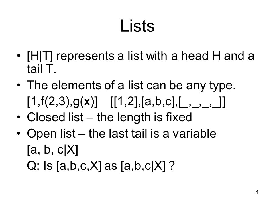 1 Lists Ref Brna S Book Pp26 32 53 63 Unifications By Examples Representation Of Lists Recursion Manipulating Lists Some Prolog Built In Ppt Download