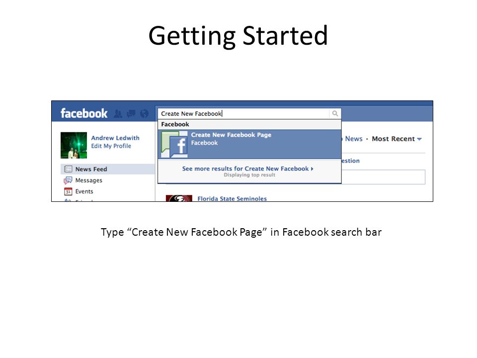 Getting Started Type Create New Facebook Page in Facebook search bar