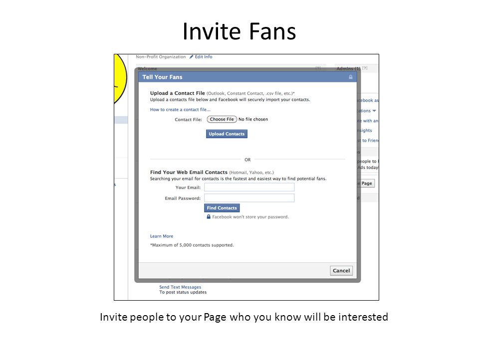 Invite Fans Invite people to your Page who you know will be interested