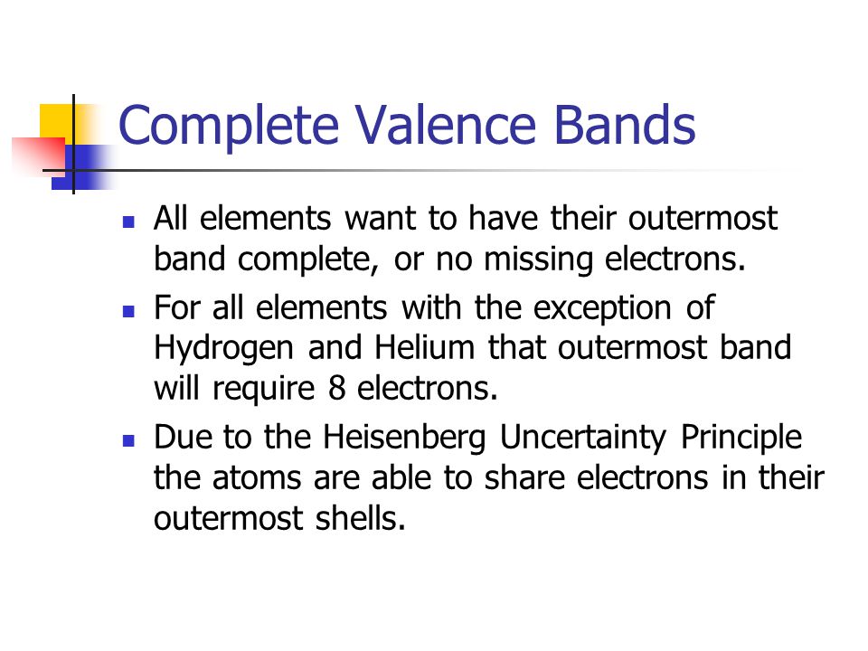 Complete Valence Bands All elements want to have their outermost band complete, or no missing electrons.