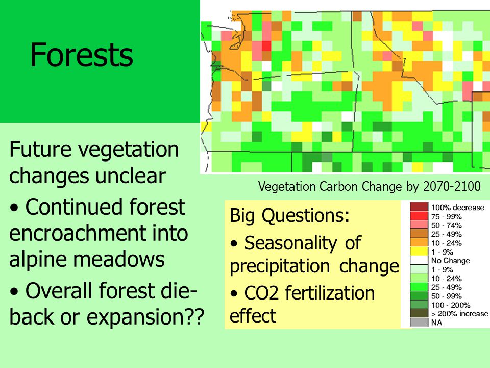 Big Questions: Seasonality of precipitation change CO2 fertilization effect Forests Future vegetation changes unclear Continued forest encroachment into alpine meadows Overall forest die- back or expansion .