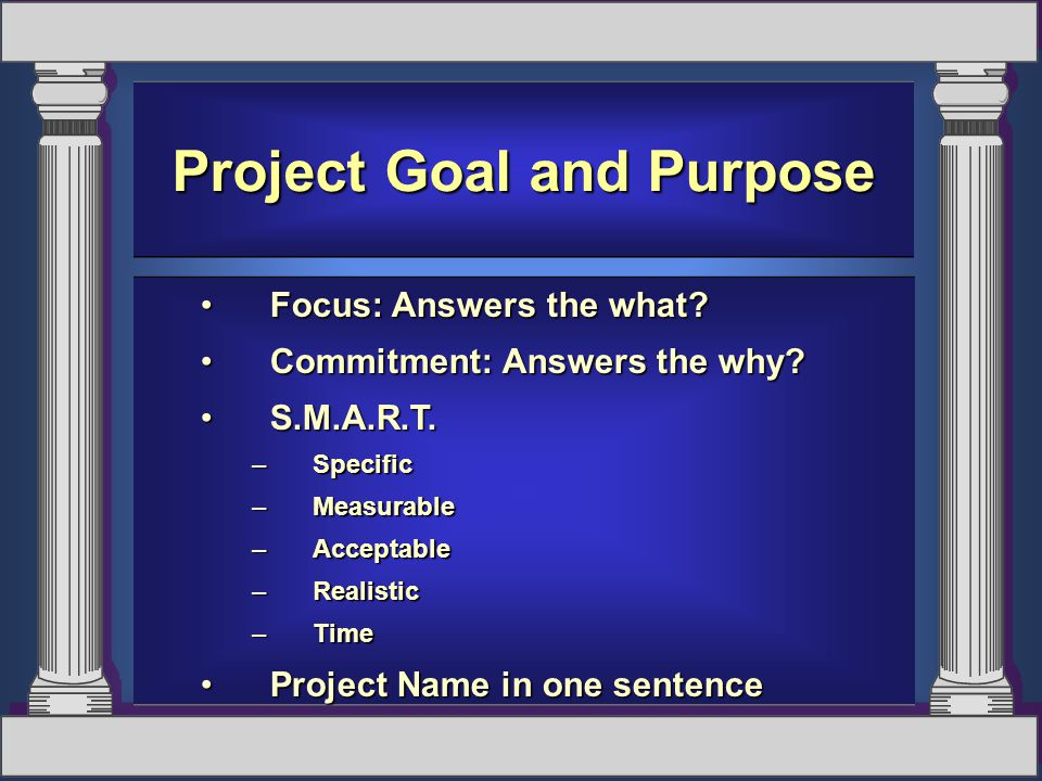 Project Goal and Purpose Focus: Answers the what Focus: Answers the what.