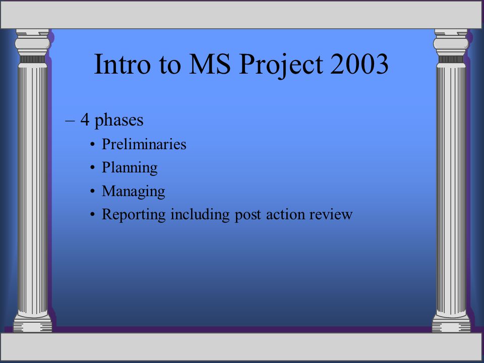 Intro to MS Project 2003 –4 phases Preliminaries Planning Managing Reporting including post action review