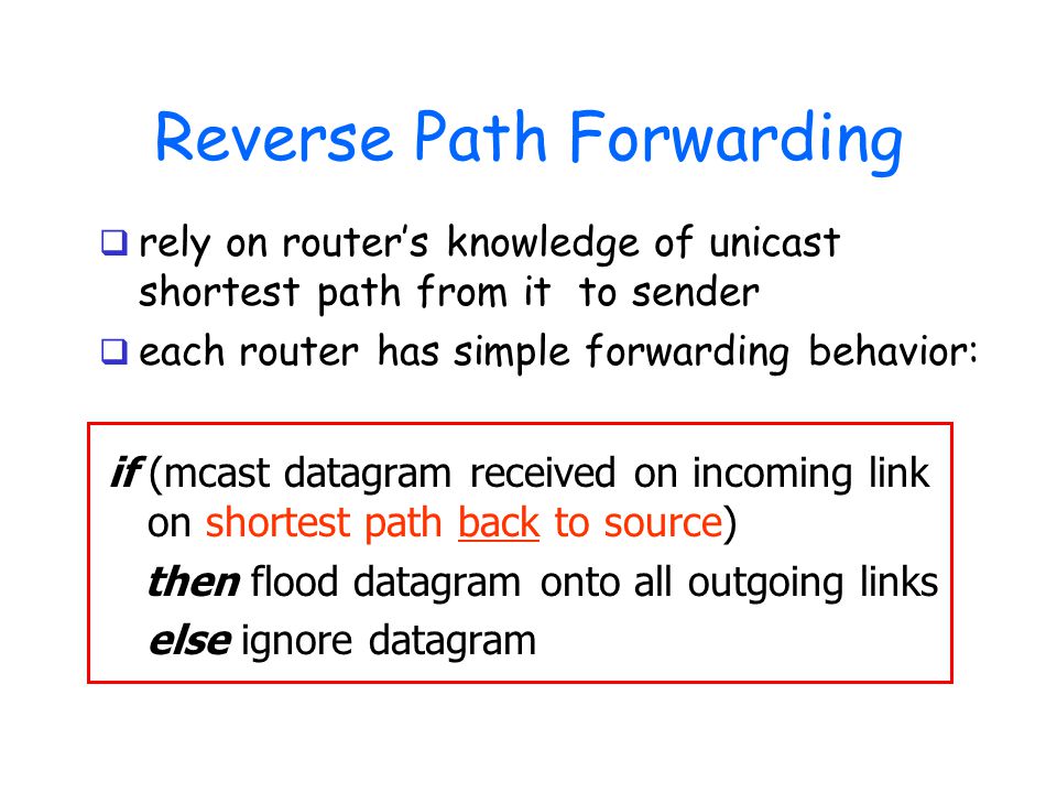 Reverse Path Forwarding if (mcast datagram received on incoming link on shortest path back to source) then flood datagram onto all outgoing links else ignore datagram  rely on router’s knowledge of unicast shortest path from it to sender  each router has simple forwarding behavior: