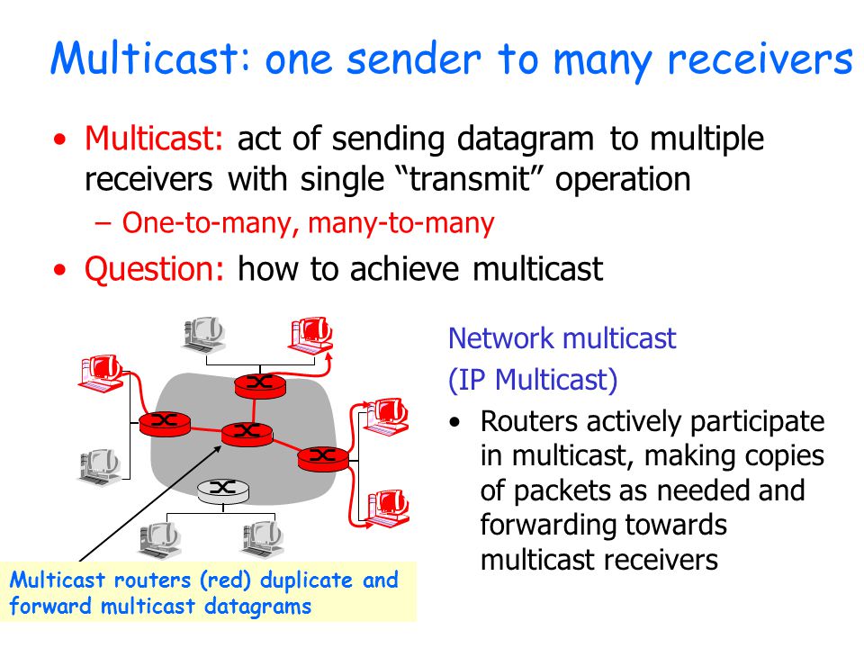 Multicast: one sender to many receivers Multicast: act of sending datagram to multiple receivers with single transmit operation –One-to-many, many-to-many Question: how to achieve multicast Network multicast (IP Multicast) Routers actively participate in multicast, making copies of packets as needed and forwarding towards multicast receivers Multicast routers (red) duplicate and forward multicast datagrams