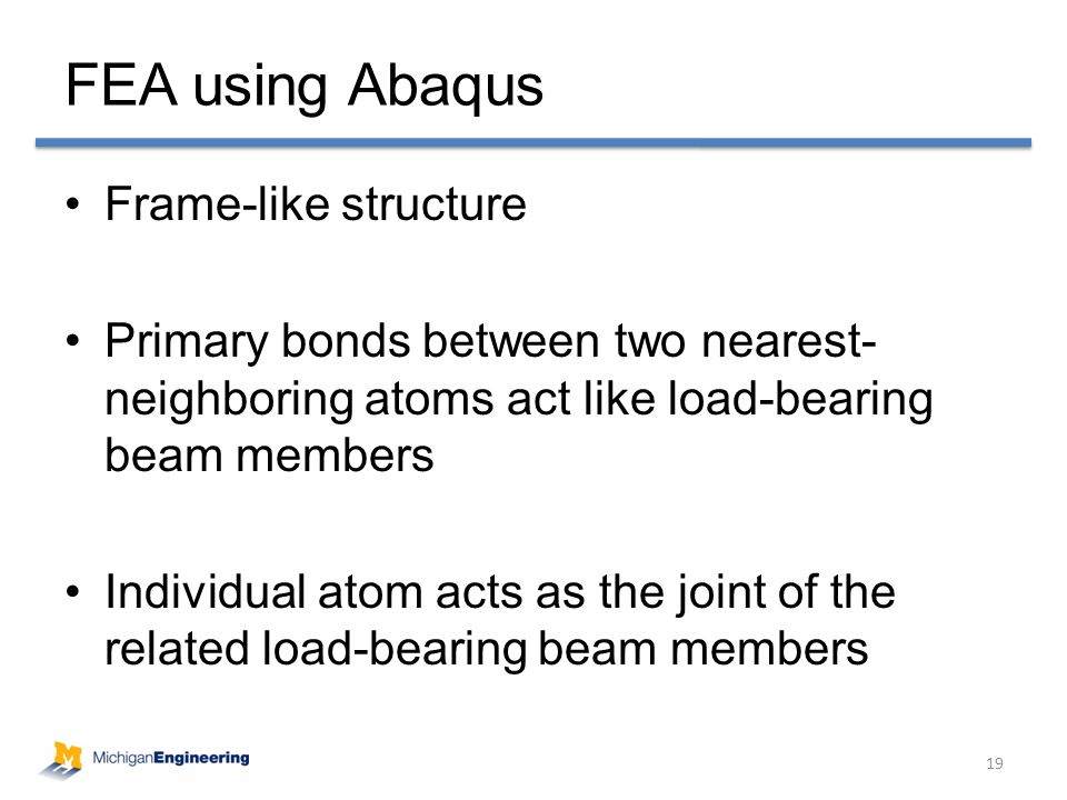 Frame-like structure Primary bonds between two nearest- neighboring atoms act like load-bearing beam members Individual atom acts as the joint of the related load-bearing beam members FEA using Abaqus 19