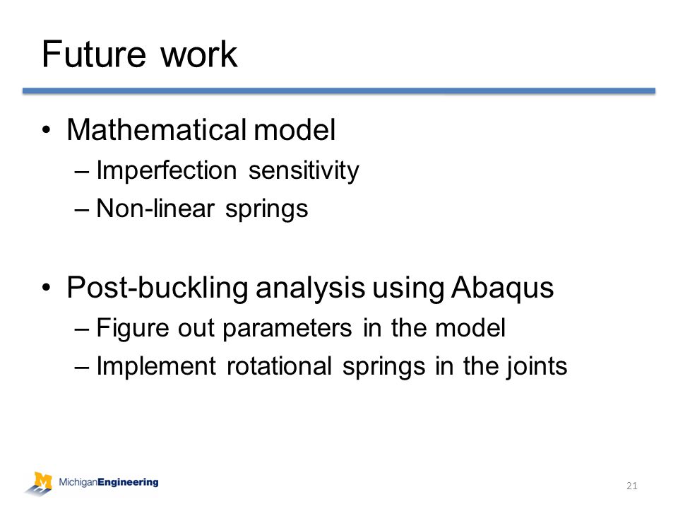 Mathematical model –Imperfection sensitivity –Non-linear springs Post-buckling analysis using Abaqus –Figure out parameters in the model –Implement rotational springs in the joints Future work 21