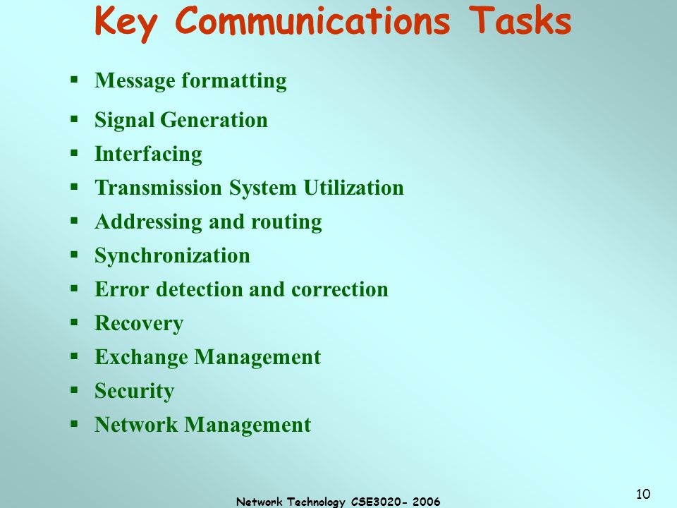 Network Technology CSE Key Communications Tasks  Message formatting  Signal Generation  Interfacing  Transmission System Utilization  Addressing and routing  Synchronization  Error detection and correction  Recovery  Exchange Management  Security  Network Management