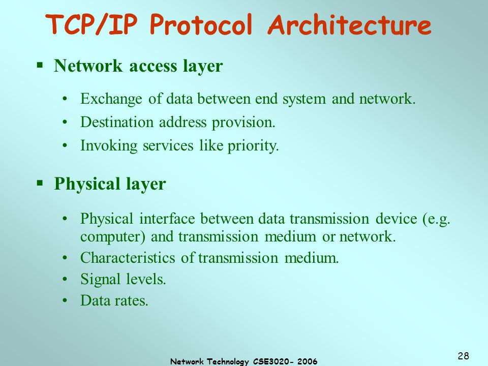 Network Technology CSE TCP/IP Protocol Architecture  Network access layer  Physical layer Physical interface between data transmission device (e.g.