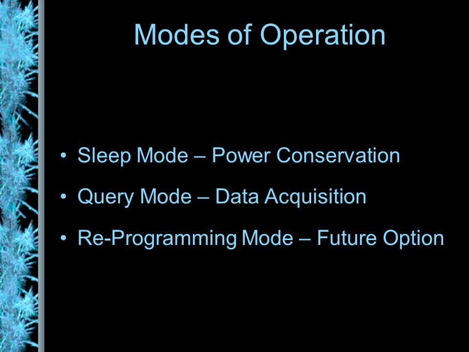Sleep Mode – Power Conservation Query Mode – Data Acquisition Re-Programming Mode – Future Option Modes of Operation