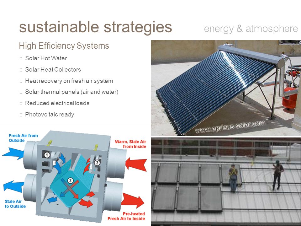 ::Solar Hot Water ::Solar Heat Collectors ::Heat recovery on fresh air system ::Solar thermal panels (air and water) ::Reduced electrical loads ::Photovoltaic ready High Efficiency Systems sustainable strategies energy & atmosphere