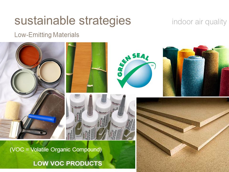 Low-Emitting Materials sustainable strategies indoor air quality (VOC = Volatile Organic Compound)