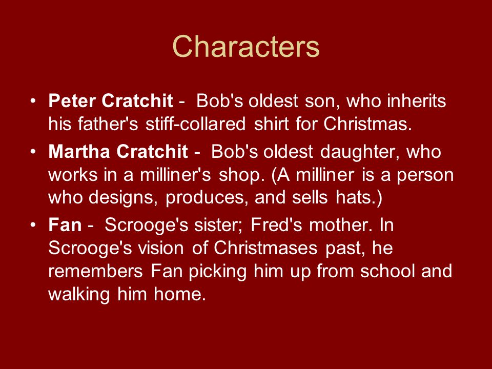 Peter Cratchit - Bob s oldest son, who inherits his father s stiff-collared shirt for Christmas.