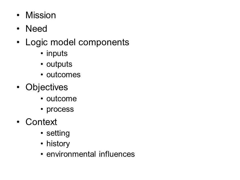 Mission Need Logic model components inputs outputs outcomes Objectives outcome process Context setting history environmental influences