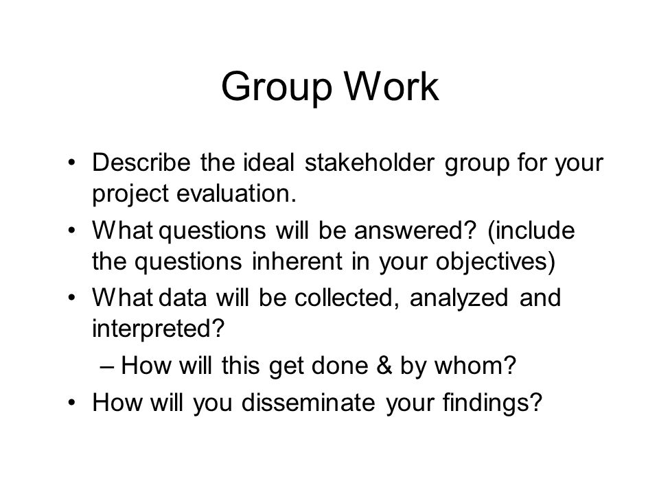 Group Work Describe the ideal stakeholder group for your project evaluation.
