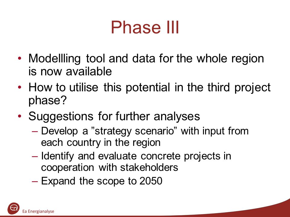 Phase III Modellling tool and data for the whole region is now available How to utilise this potential in the third project phase.