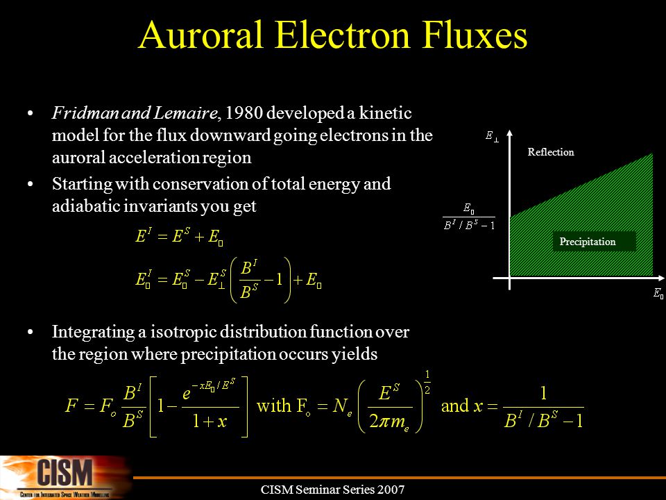 CISM Seminar Series 2007 Auroral Electron Fluxes Fridman and Lemaire, 1980 developed a kinetic model for the flux downward going electrons in the auroral acceleration region Starting with conservation of total energy and adiabatic invariants you get Integrating a isotropic distribution function over the region where precipitation occurs yields Precipitation Reflection
