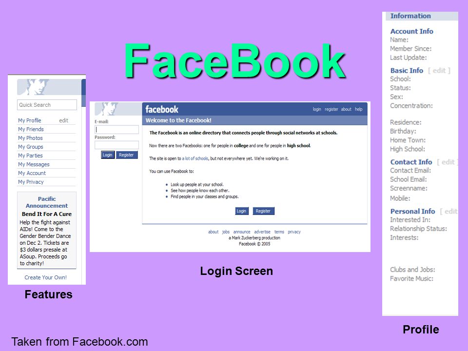 FaceBook Taken from Facebook.com Login Screen Features Profile