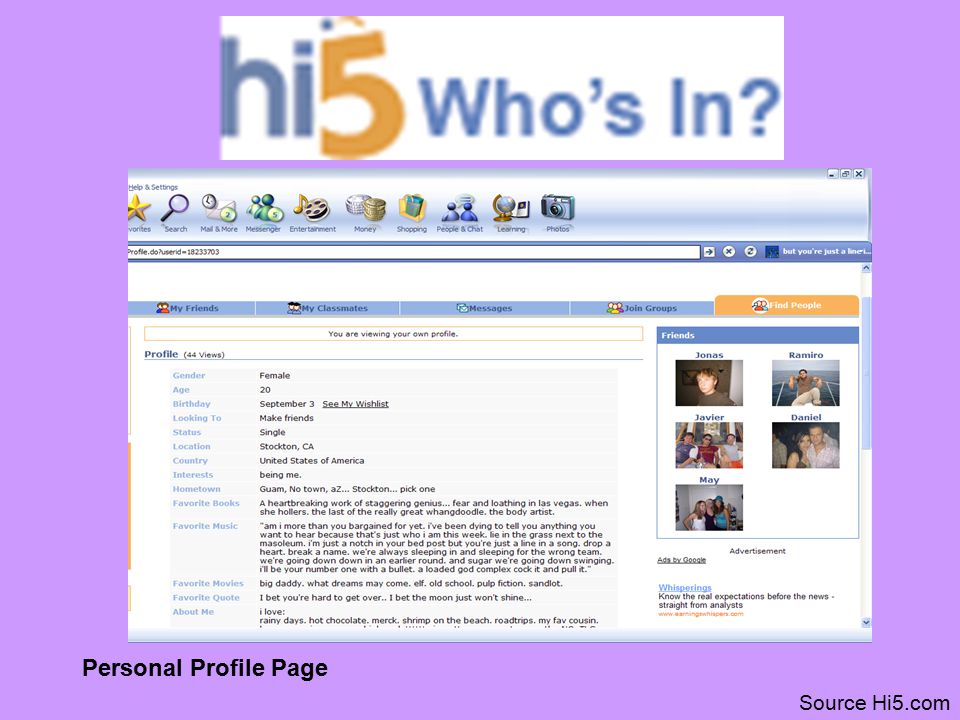 Source Hi5.com Personal Profile Page