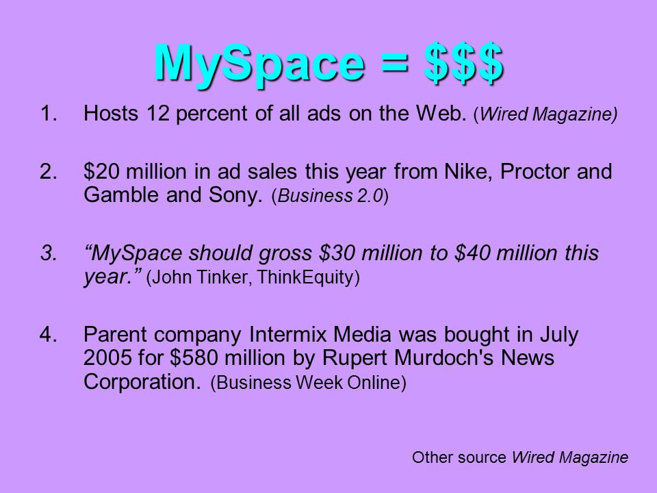 MySpace = $$$ 1.Hosts 12 percent of all ads on the Web.
