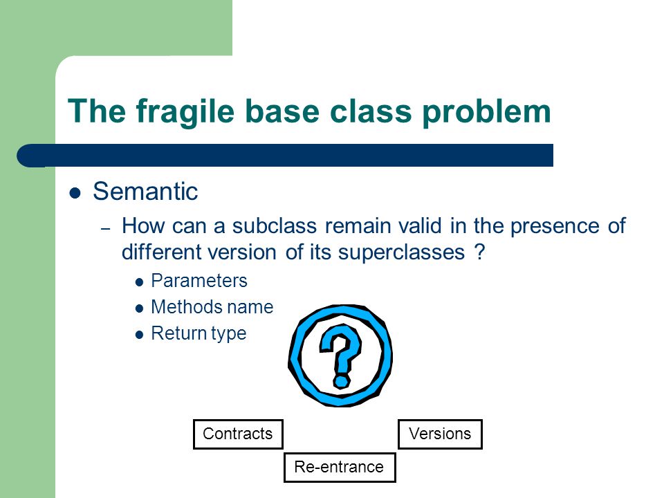 The fragile base class problem Semantic – How can a subclass remain valid in the presence of different version of its superclasses .