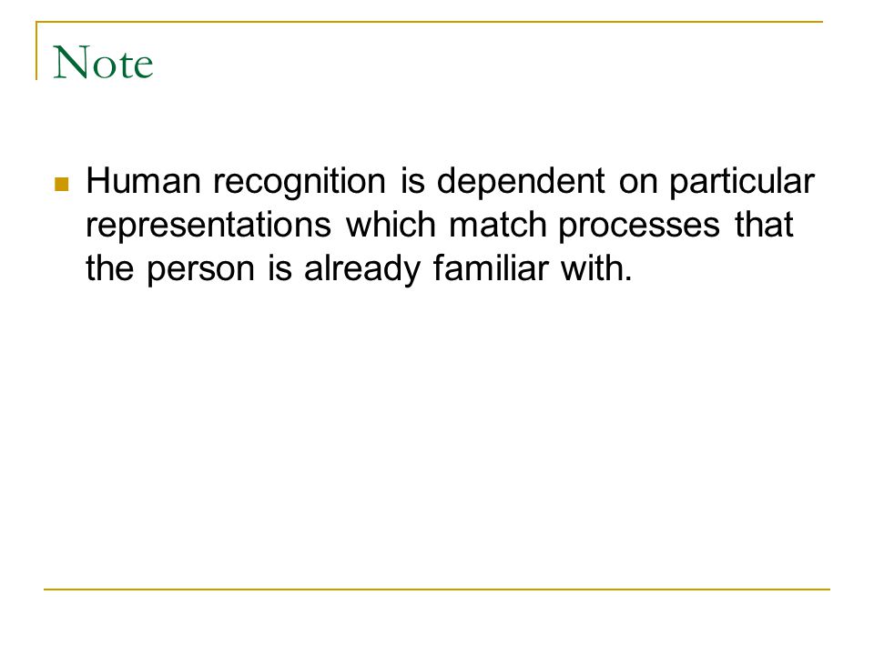 Note Human recognition is dependent on particular representations which match processes that the person is already familiar with.