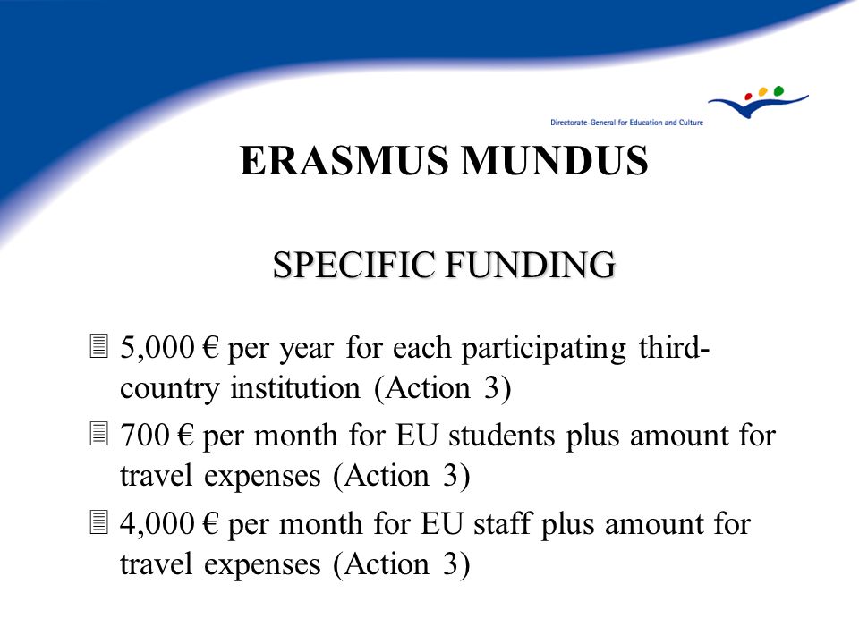 ERASMUS MUNDUS SPECIFIC FUNDING 35,000 € per year for each participating third- country institution (Action 3) 3700 € per month for EU students plus amount for travel expenses (Action 3) 34,000 € per month for EU staff plus amount for travel expenses (Action 3)