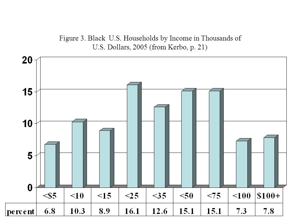 Figure 3. Black U.S. Households by Income in Thousands of U.S. Dollars, 2005 (from Kerbo, p. 21)