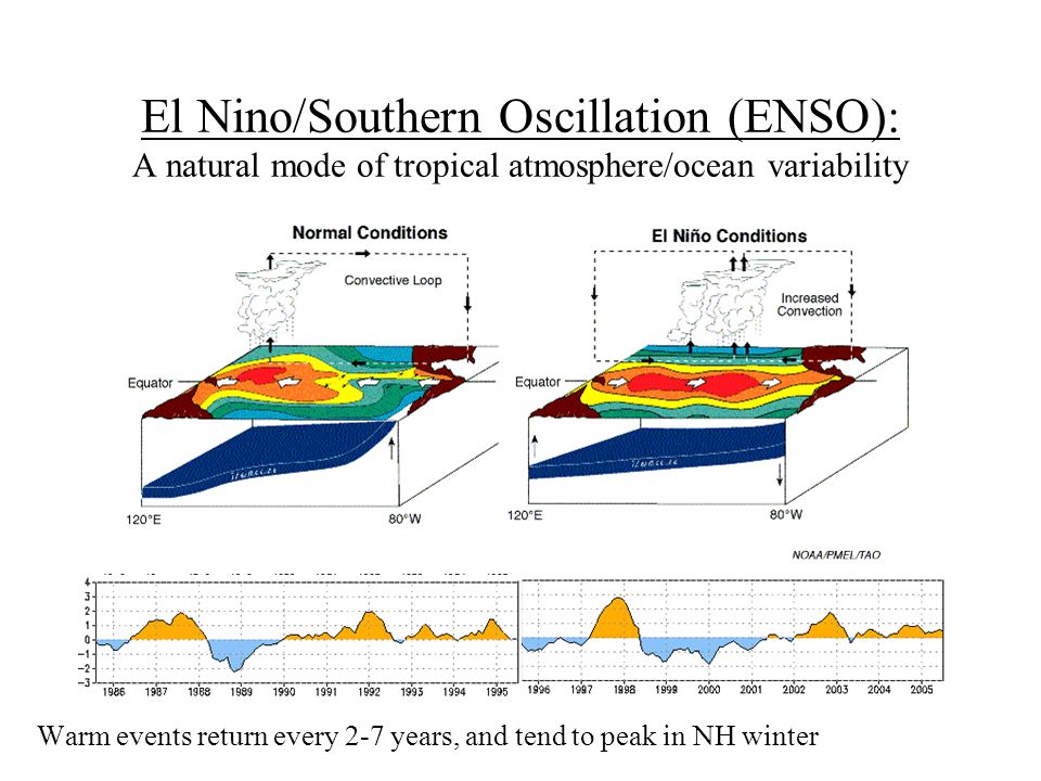 El Nino/Southern Oscillation (ENSO): A natural mode of tropical atmosphere/ocean variability Warm events return every 2-7 years, and tend to peak in NH winter