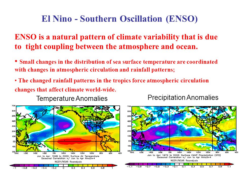 Precipitation Anomalies El Nino - Southern Oscillation (ENSO) ENSO is a natural pattern of climate variability that is due to tight coupling between the atmosphere and ocean.