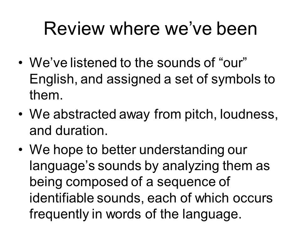 Review where we’ve been We’ve listened to the sounds of our English, and assigned a set of symbols to them.
