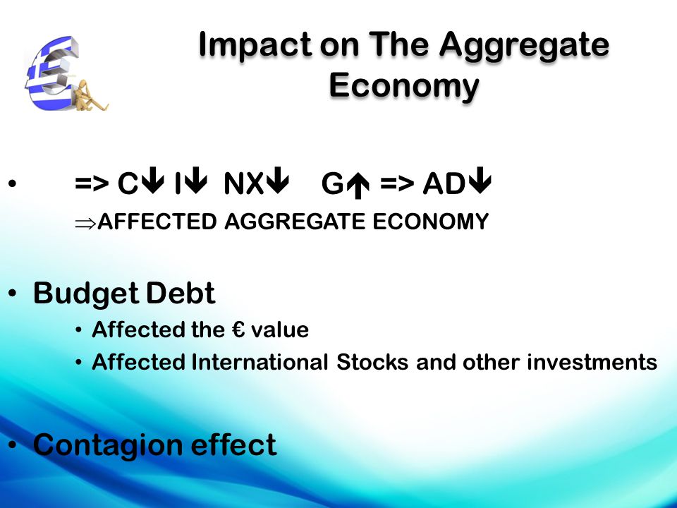 Impact on The Aggregate Economy => C  I  NX  G  => AD   AFFECTED AGGREGATE ECONOMY Budget Debt Affected the € value Affected International Stocks and other investments Contagion effect